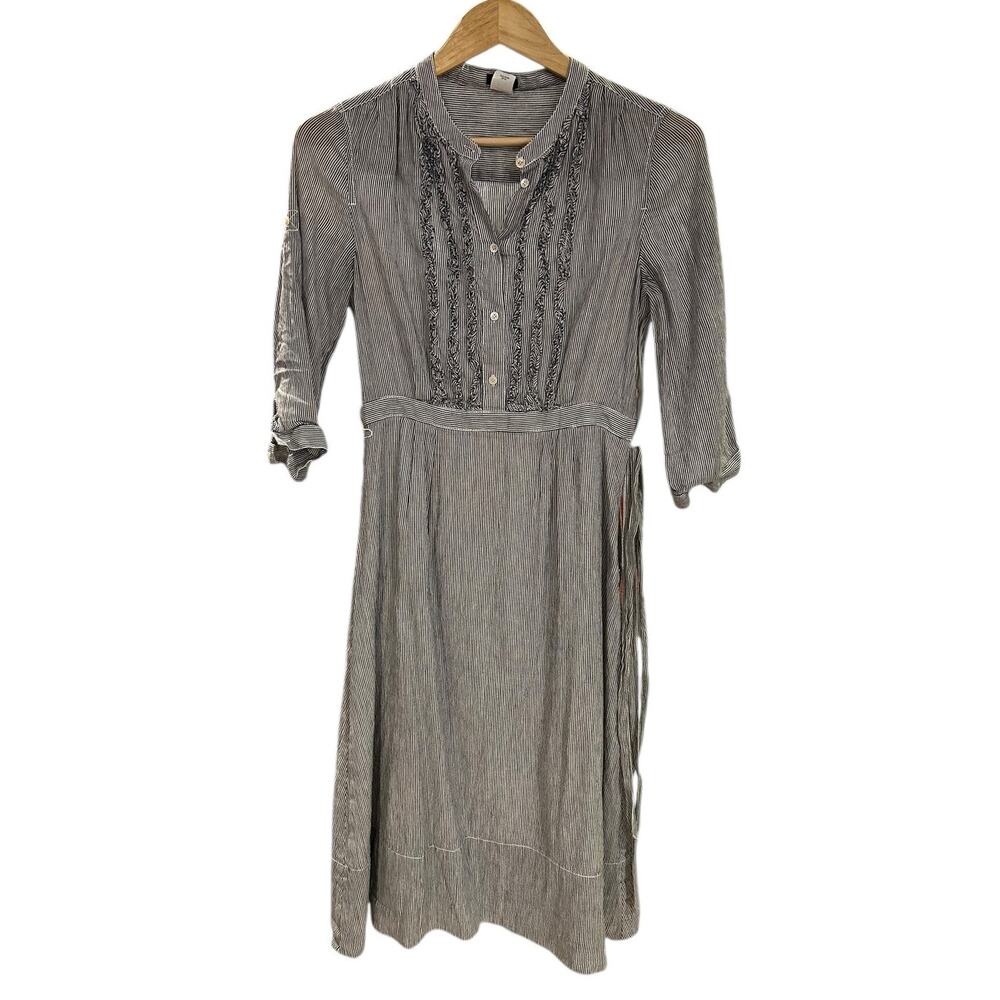 J. Crew Gray Striped Midi Dress with Pintuck & Lace Trim